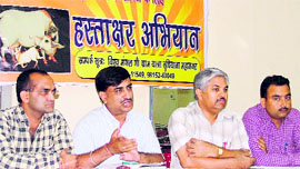 Members of the Vishwa Mangal Go Gram Yatra during a press conference in Ludhiana.