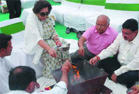 Padmashri and Padma Bhushan Dr Shayama Chona, and Sharad Aggarwal, president-schools, Educomp, performing the Bhoomi Pujan of The Millennium School at its proposed site in the Sushant City on the Mansa road on Sunday. 