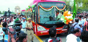 A low-floor CNG bus during the flagging off ceremony at India Gate in New Delhi on Sunday.