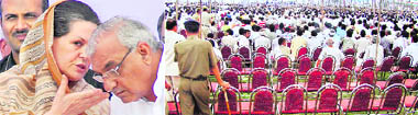 Congress president Sonia Gandhi with CM Bhupinder Singh Hooda; and (R) vacant chairs at Karnal rally.