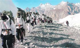 A group of trekkers move towards the Siachen Glaciar during the 3rd High Altitude Siachen Trek organised by the Ministry of Defence