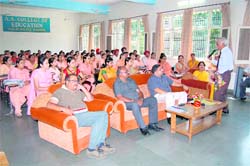 Teachers of AS College of Education, Khanna, during World Teachers Day on Monday.
