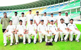 Rest of Indias players after winning the Irani Trophy after beating Mumbai at the VCA Stadium in Nagpur on Monday.