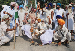 Farmers under the banner of Bharti Kisan Union (Sidhupur) burn an effigy of the ADC in Bathinda