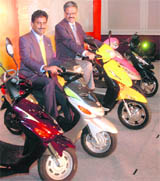 Tube Investments of India managing director LRamkumar (R) and vice-president of BSA Motors, KB Srinivasan at the launch of electric scooter in New Delhi on Tuesday. It is priced between Rs 19,450 and Rs 27,900