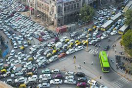 Traffic stands clogged at Connaught Place during a security drill conducted by the Delhi police in New Delhi on Tuesday.