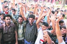 Students of Government Science College protest against the college administration in Jammu on Tuesday.