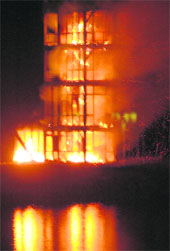 The tower at the island on the Sukhna Lake which was engulfed in flames on Wednesday evening.