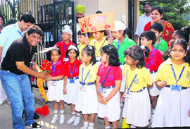 Johnny Lever interacts with children during a workshop at Ryan International School, Ludhiana.