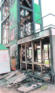 This is what remains of the watch tower which was damaged in a fire at Sukhna Lake on Wednesday.