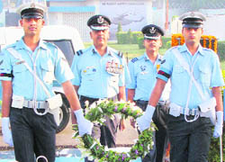 Air Commander SRK Nair at a wreath-laying ceremony on the occasion of the Air Force Day, in Chandigarh on Thursday.