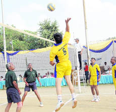 A match in progress at the LIC North Central Zonal Volleyball Tournament in Dehradun on Thursday.