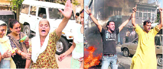 Raj Kumari, mother of Rajnish Sharma, who allegedly died in police custody, and other members of her family wail outside the morgue of the GMCH in Jammu on Thursday; and (right) Protesters block a road at Janipur by burning tyres.