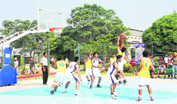 Cagers in action during the PTU Inter-College Basketball Tournament of Punjab Technical University at Mandi Gobindgarh