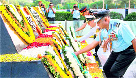 The chiefs of three Services place wreaths at the Amar Jawan Jyoti on the 77th IAF anniversary in New Delhi on Thursday.