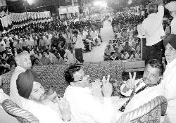 BSP candidate Vijay Bansal, along with party leaders, addresses a rally at Kalka on Friday.