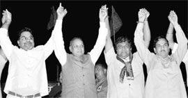 Himachal Pradesh Chief Minister Prem Kumar Dhumal, while expressing solidarity with Gian Chand Gupta, BJP candidate from Panchkula, on Friday.