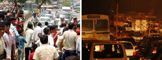 NAGGING PROBLEM: Traffic jams at (left) National Highway-8 near Gurgaon, and (right ) near the Civil Hospital, Gurgaon.