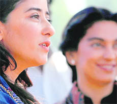 Bollywood actresses Manisha Koirala (left) and Juhi Chawla talk to mediapersons during the shooting of Meghna in Srinagar on Friday.