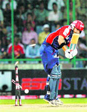 Daredevils Gautam Gambhir is bowled during their match against Victoria Bushrangers in New Delhi on Friday.