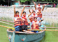 NCC girl cadets in a jubilant mood at Sukhna Lake, Chandigarh, on Saturday.