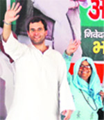 AICC general secretary Rahul Gandhi waves to the crowd at a rally in Samalkha