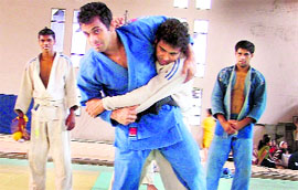 Aspirants during trials to select Punjab judo teams for the 34th National Games, in Ludhiana on Saturday.