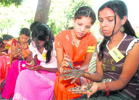 Girls take part in the 5th Inter-Slum Youth Cultural Fest at Tagore Theatre in Chandigarh on Sunday.