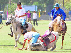 HORSING AROUND: A polo player from the Kargil team falls off his horse during a match at the two-day Kashmir festival at Sri Pratap College Ground in Srinagar on Sunday. 