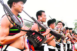 Locals dressed in traditional hunters attire during the closing ceremony @@of the first ever North-East Youth Camp held in Kohima.