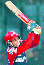 Virender Sehwag plays a shot on way to his 66 against Wayamba in New Delhi on Sunday.