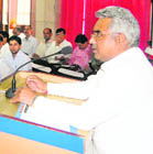 Uttarakhand Urban Development Minister Madan Kaushik talks to representatives of local bodies of the state in Dehradun on Monday. 