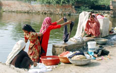 Women wash clothes at a pond along the Gurgaon-Nuh Raod.