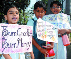 Children rally for a cracker-free Divali in Amritsar on Tuesday.