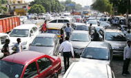 A view of the traffic jam caused due to the protest.