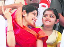 Samajwadi Party candidate from Firozabad Dimple Yadav along with her daughter Aditi after filing her nomination papers on Wednesday