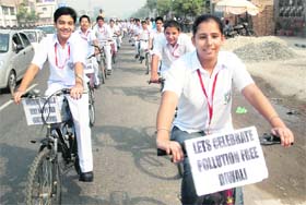Students of Delhi Public School hold an anti-cracker cycle rally in Bathinda