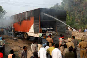 A truck carrying two-wheelers caught fire in Bathinda on Thursday.