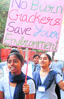 Schoolchildren organise a rally to spread the message of ‘no crackers no pollution’ in Chandigarh on Thursday.