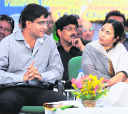 Railways Minister Mamata Banerjee and former Indian cricket captain Sourav Ganguly at an event in Kolkata on Thursday.