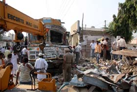 Rescue operation being carried out after a truck rammed into a medical shop in Bathinda