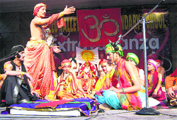 Students of Kullu Valley Senior Secondary School enact a scene from the Mahabharta during the annual function at Lal Chand Prarthi Kala Kendra at Dhalpur in Kullu.