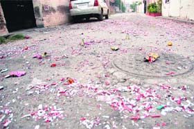 REMAINS OF THE DAY: A road littered with used crackers in Ludhiana