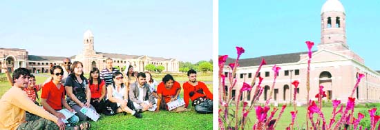 Members of a team from Asia-Pacific countries at the Forest Research Institute (FRI) in Dehradun on Monday, and (right) flowers in bloom in front of the FRI