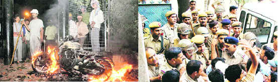 A motorcycle that was set ablaze during a clash between two sections of employees of RICO Auto Company in Gurgaon on Sunday night; and (Right) policemen try to pacify angry workers on dharna after the death of a worker on Monday.