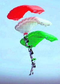 Members of Akash Ganga team of paratroopers making a formation during Cope India 2009, an Indo-US joint exercise in Agra on Monday.