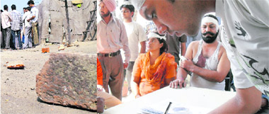 Scattered bricks after a clash between two groups and; (right) victims at the Sherpur police station, Ludhiana,