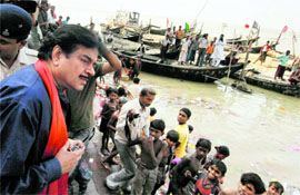 BJP MP Shatrughan Sinha inspects ghats of Ganga river ahead of the Chhath festival in Patna on Monday.