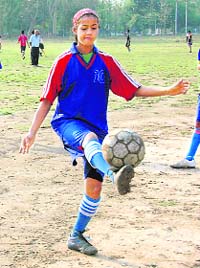 A soccer player during a practice session in Dehradun