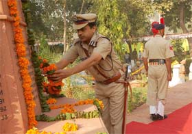 Dr Jitendra Jain, DIG, Faridkot range, places a wreath at the memorial to pay tribute to the police personnel, who laid down their lives in the line of duty, in Bathinda
